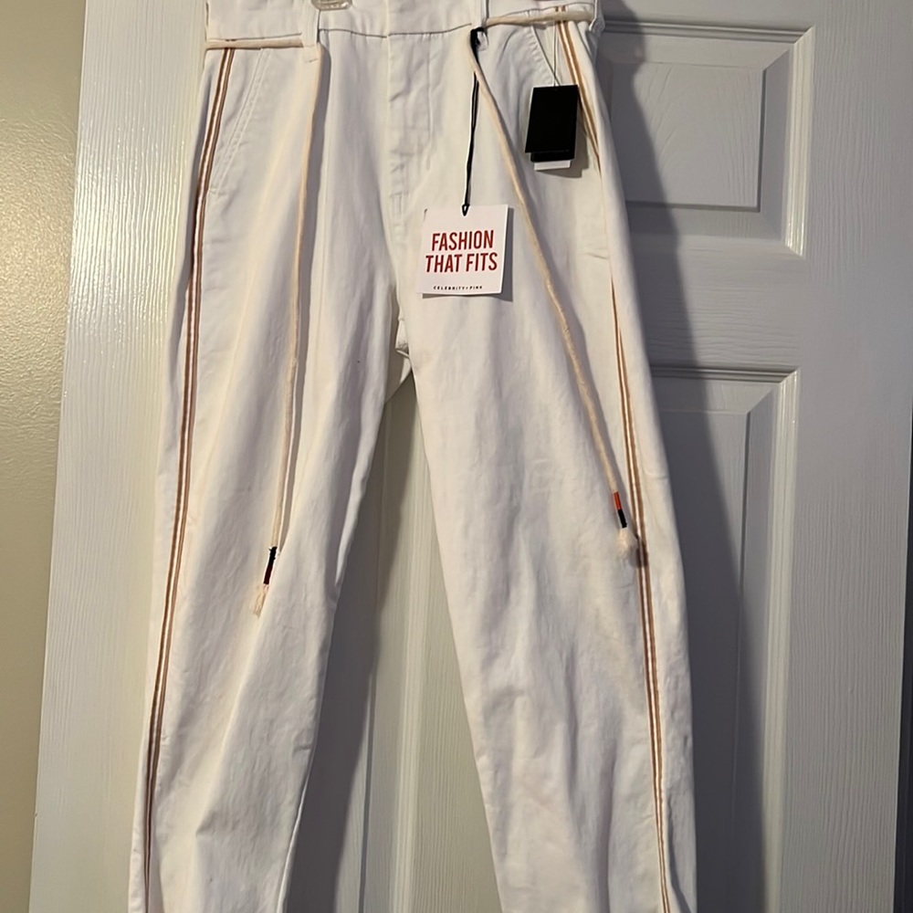 Optic white jeans with a 2 khaki color stripes